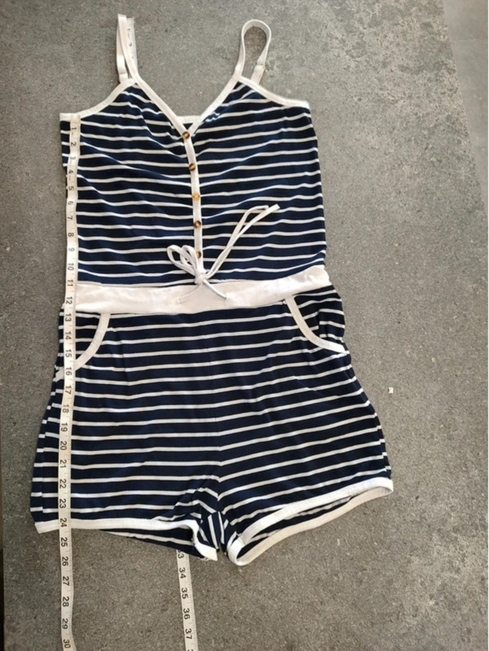 Navy Blue and White Striped Sleeveless Romper with Buttons and Pockets #Nautical